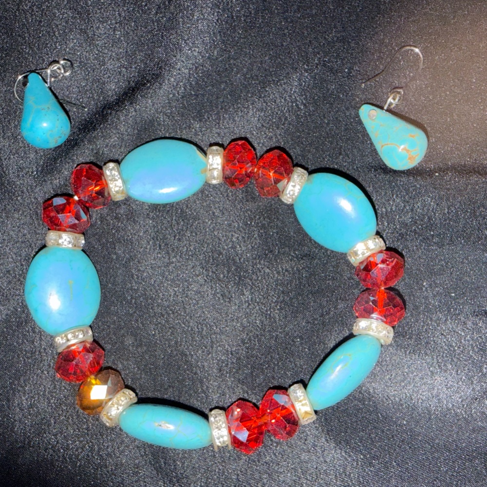 Turquoise and red beaded bracelet and earrings